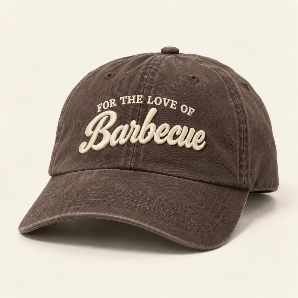 Espresso Dad Hat in espresso with warm cream embroidery, front view with FOR THE LOVE OF above Barbecue