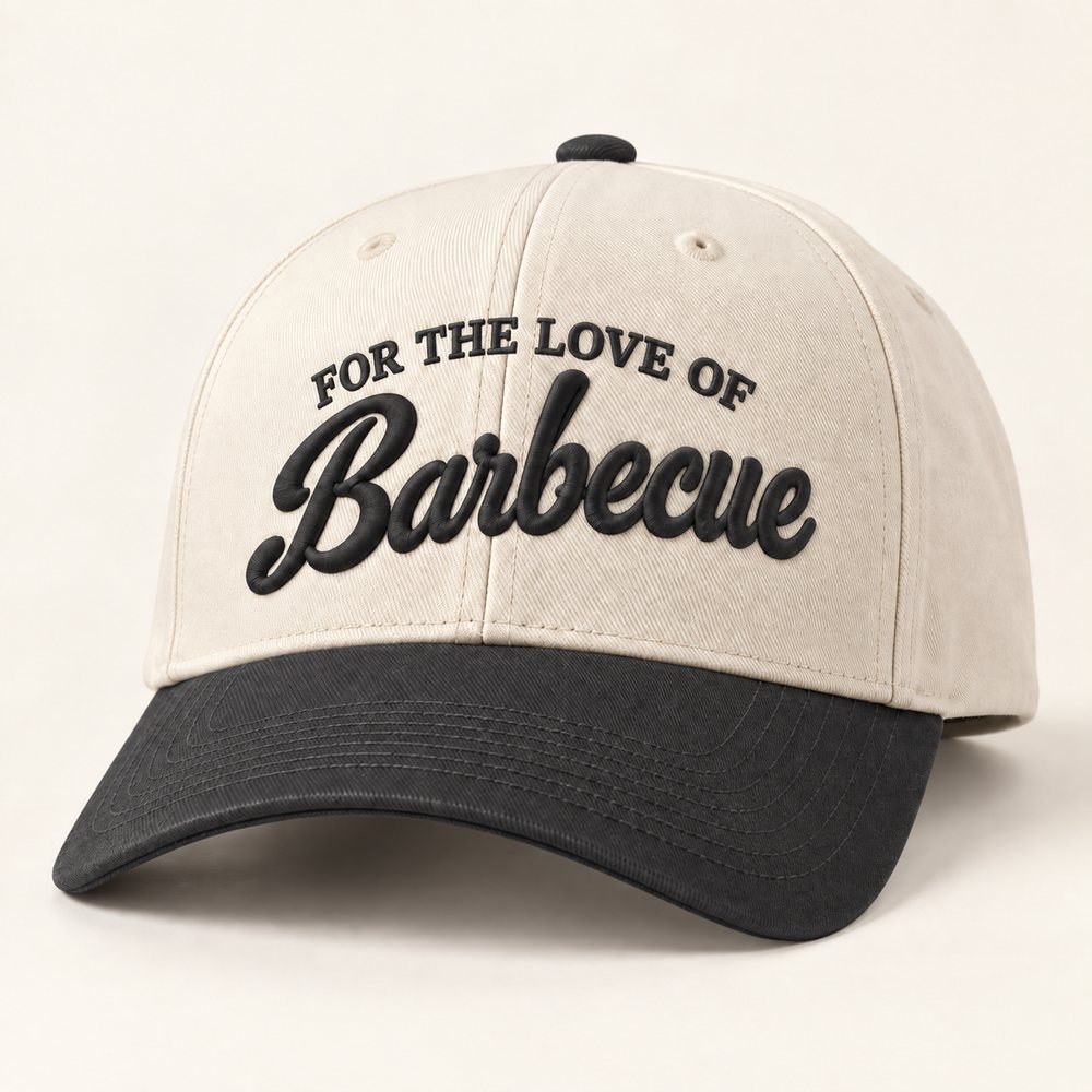 Natural / Coal Two Tone Cap in a natural crown, coal brim and coal embroidery, front view with FOR THE LOVE OF above Barbecue