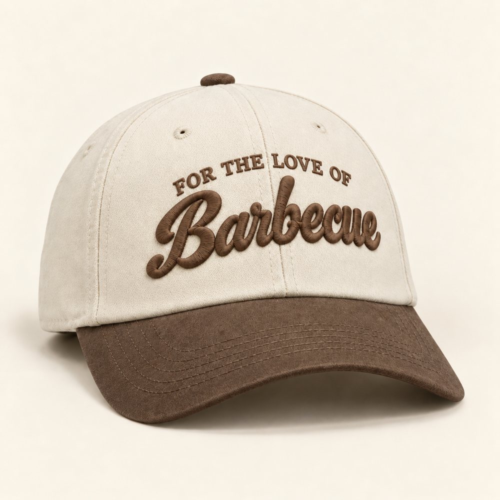 Natural / Walnut Two Tone Cap in a natural crown, walnut brim and walnut embroidery, front view with FOR THE LOVE OF above Barbecue