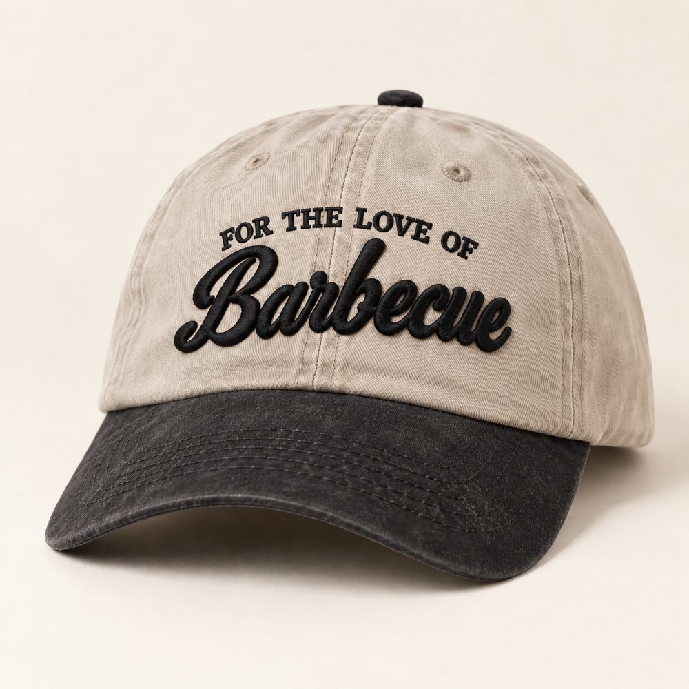 Stone / Black Dad Hat in a stone crown, black brim and black embroidery, front view with FOR THE LOVE OF above Barbecue