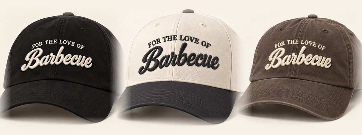 The For the Love of Barbecue hats in black, natural with a coal brim, and espresso