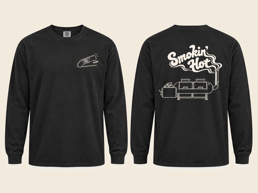 HaBBQ Smokin' Hot Long Sleeve in black, front with the Probe Tender thermometer on the chest and back with the Smokin' Hot offset smoker