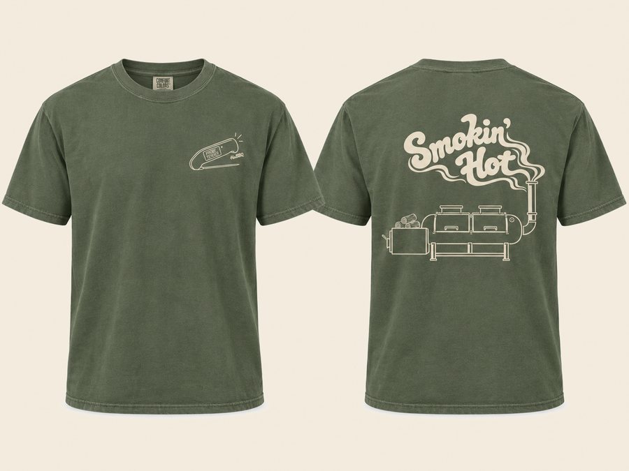 HaBBQ Smokin' Hot T-Shirt in moss green, front with the Probe Tender thermometer on the chest and back with the Smokin' Hot offset smoker